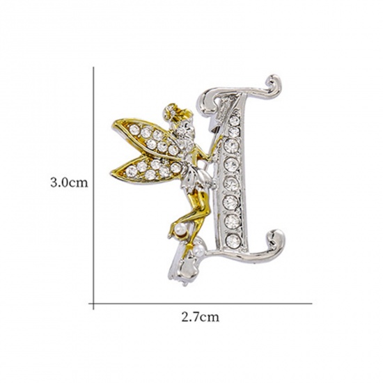 Picture of Pin Brooches Capital Alphabet/ Letter Platinum Color Clear Rhinestone 1 Piece