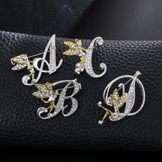 Picture of Pin Brooches Capital Alphabet/ Letter Platinum Color Clear Rhinestone 1 Piece