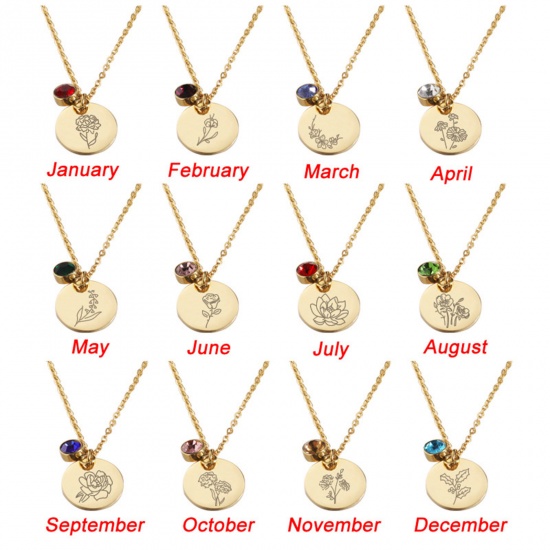 Picture of Stainless Steel Birth Month Flower Birthstone Necklace Multicolor Round