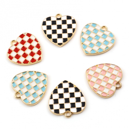 Picture of Zinc Based Alloy Mosaic Charms Heart Gold Plated Multicolor Grid Checker Enamel