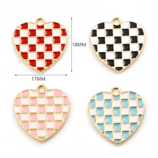 Picture of Zinc Based Alloy Mosaic Charms Heart Gold Plated Multicolor Grid Checker Enamel