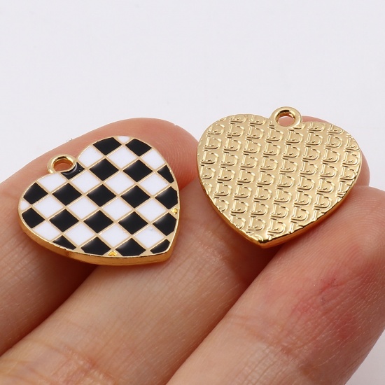 Picture of Zinc Based Alloy Mosaic Charms Heart Gold Plated Multicolor Grid Checker Enamel