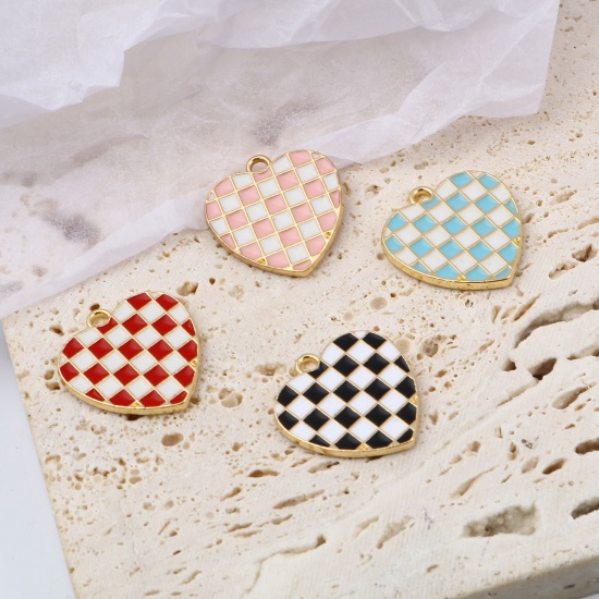 Picture of Zinc Based Alloy Mosaic Charms Heart Gold Plated Multicolor Grid Checker Enamel