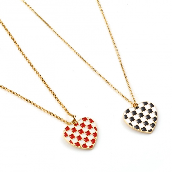 Picture of Zinc Based Alloy Mosaic Charms Heart Gold Plated Multicolor Grid Checker Enamel