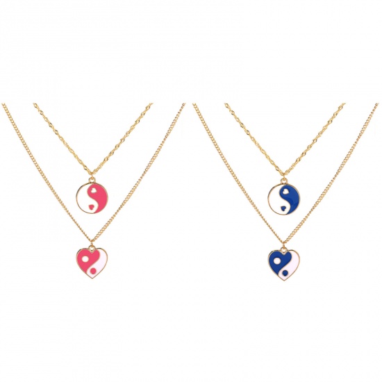 Picture of Religious Double Layer Necklace Gold Plated Multicolor Heart Yin Yang Symbol Enamel