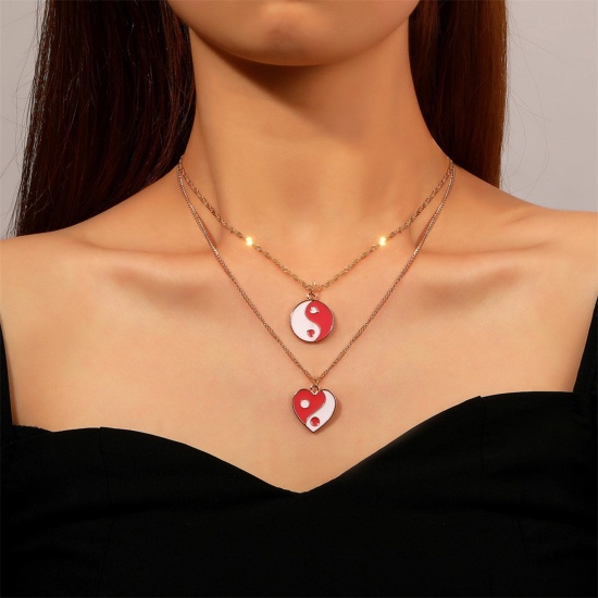 Picture of Religious Double Layer Necklace Gold Plated Multicolor Heart Yin Yang Symbol Enamel