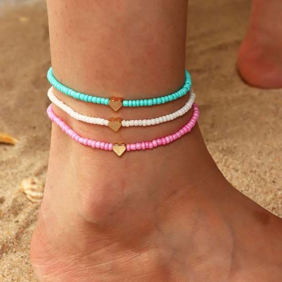 Picture of Seed Beads Boho Chic Bohemia Anklet Multicolor Heart Elastic
