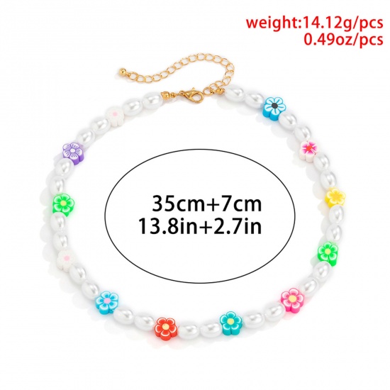 Picture of Seed Beads Boho Chic Bohemia Beaded Necklace Multicolor Daisy Flower Smile Imitation Pearl
