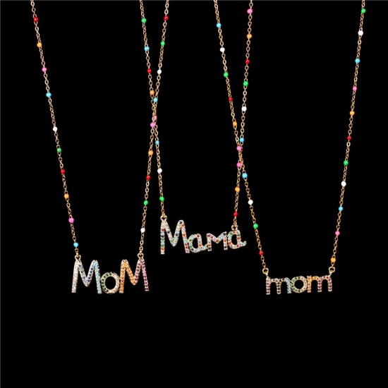 Picture of Stainless Steel Mother's Day Link Cable Chain Necklace Gold Plated Message " Mom " Multicolour Cubic Zirconia 