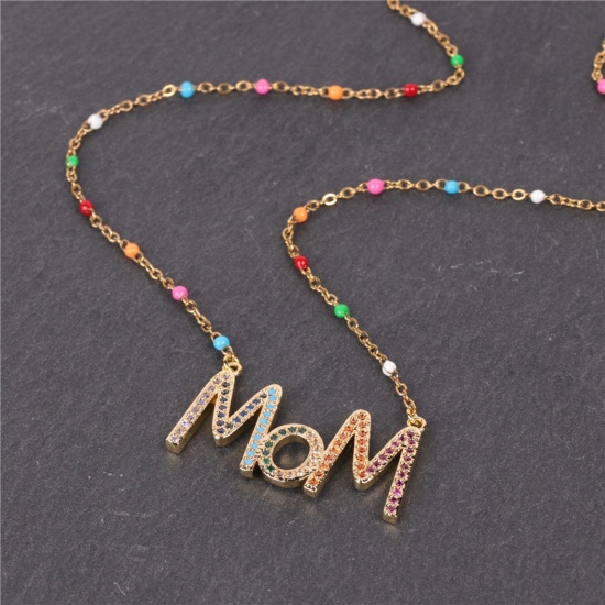 Picture of Stainless Steel Mother's Day Link Cable Chain Necklace Gold Plated Message " Mom " Multicolour Cubic Zirconia 