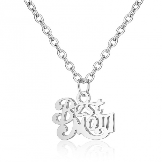 Picture of Stainless Steel Mother's Day Link Cable Chain Necklace Multicolor Message " BEST MOM " 