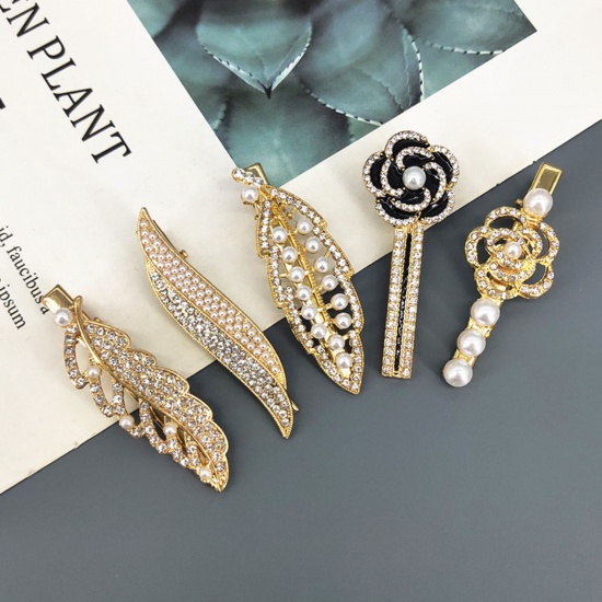 Picture of Exquisite Hair Clips Gold Plated White Clear Rhinestone Acrylic Imitation Pearl