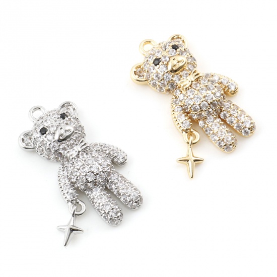 Picture of Brass Micro Pave Charms Bear Animal Real Gold Plated Clear Cubic Zirconia