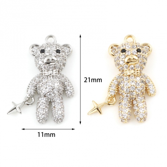 Picture of Brass Micro Pave Charms Bear Animal Real Gold Plated Clear Cubic Zirconia
