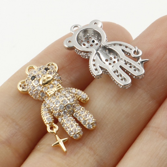 Picture of Brass Micro Pave Charms Bear Animal Real Gold Plated Clear Cubic Zirconia