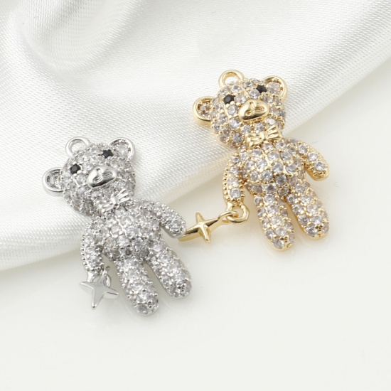 Picture of Brass Micro Pave Charms Bear Animal Real Gold Plated Clear Cubic Zirconia