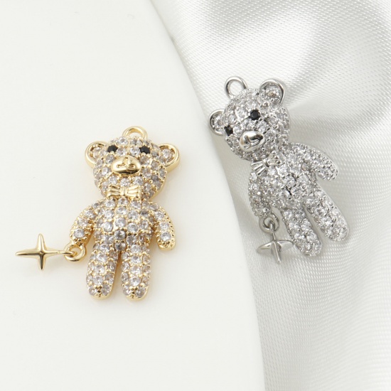 Picture of Brass Micro Pave Charms Bear Animal Real Gold Plated Clear Cubic Zirconia