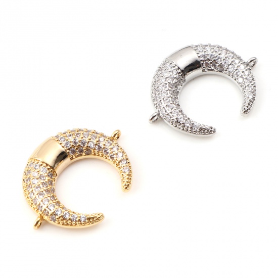 Picture of Brass Micro Pave Connectors Multicolor Crescent Moon Double Horn Clear Cubic Zirconia