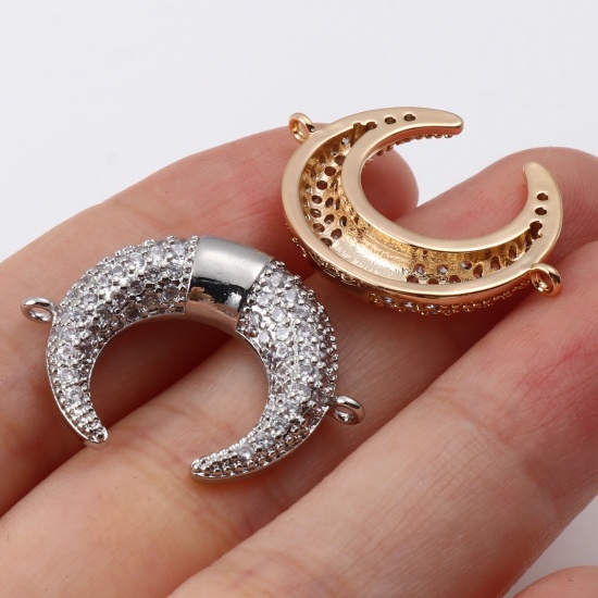 Picture of Brass Micro Pave Connectors Multicolor Crescent Moon Double Horn Clear Cubic Zirconia                                                                                                                                                                         