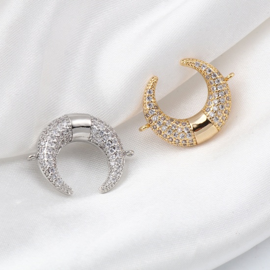 Picture of Brass Micro Pave Connectors Multicolor Crescent Moon Double Horn Clear Cubic Zirconia