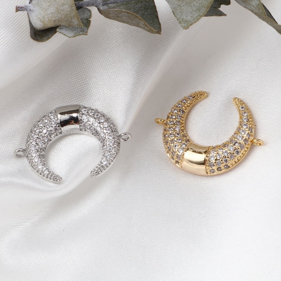 Picture of Brass Micro Pave Connectors Multicolor Crescent Moon Double Horn Clear Cubic Zirconia