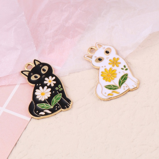 Picture of Zinc Based Alloy Charms Cat Animal Gold Plated Multicolor Enamel