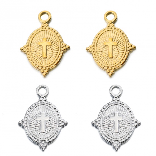 Picture of 304 Stainless Steel Religious Charms Multicolor Oval Cross