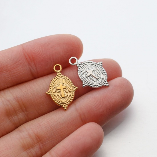 Picture of 304 Stainless Steel Religious Charms Multicolor Oval Cross
