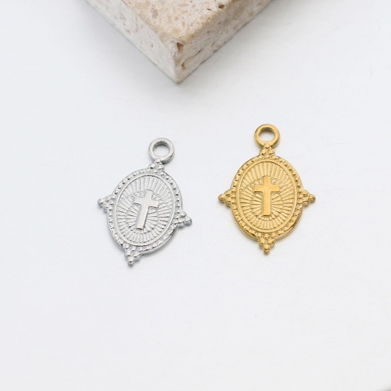 Picture of 304 Stainless Steel Religious Charms Multicolor Oval Cross