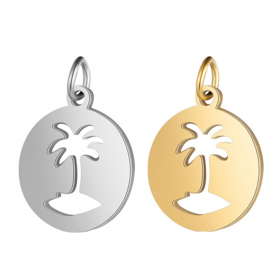 Imagen de 304 Acero Inoxidable Colgantes Charms Ronda Multicolor Árbol de Coco 2 Unidades
