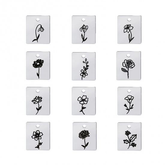 Image de Breloques en 304 Acier Inoxydable Fleur de Mois de Naissance Rectangle Argent Mat Noir Fleurs 1 Pièce