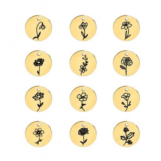 Image de Breloques en 304 Acier Inoxydable Fleur de Mois de Naissance Rond Doré Noir Fleurs 1 Pièce