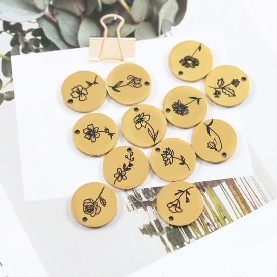 Picture of 304 Stainless Steel Birth Month Flower Charms Gold Plated Black Round Flower