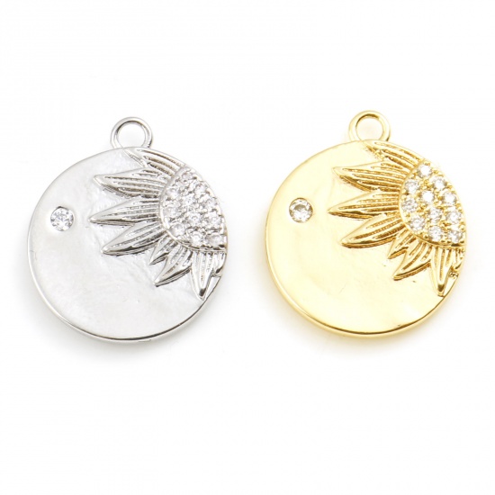 Imagen de Latón Colgantes Charms Ronda Oro Real Chapado Girasol Claro Circón Artificial 18mm x 16mm, 2 Unidades