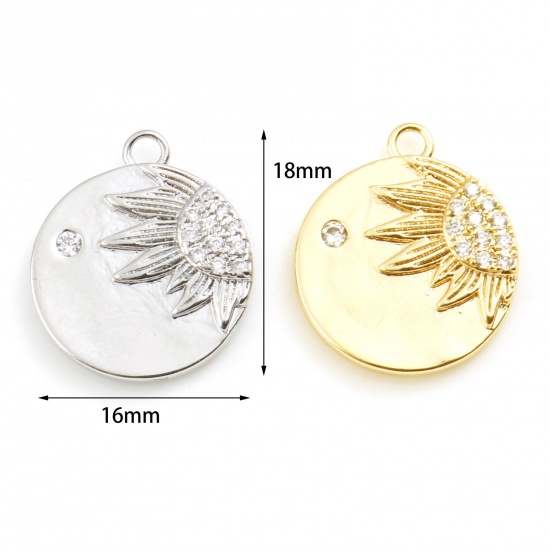 Imagen de Latón Colgantes Charms Ronda Oro Real Chapado Girasol Claro Circón Artificial 18mm x 16mm, 2 Unidades