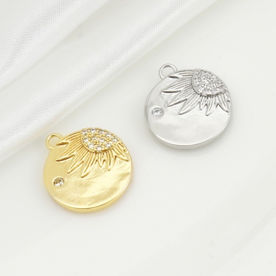 Imagen de Latón Colgantes Charms Ronda Oro Real Chapado Girasol Claro Circón Artificial 18mm x 16mm, 2 Unidades