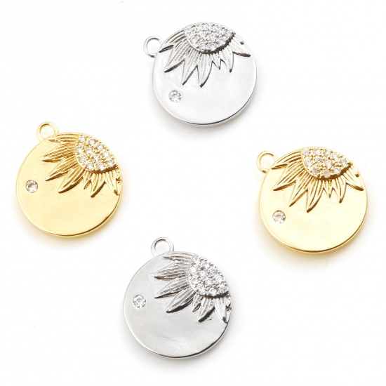 Imagen de Latón Colgantes Charms Ronda Oro Real Chapado Girasol Claro Circón Artificial 18mm x 16mm, 2 Unidades