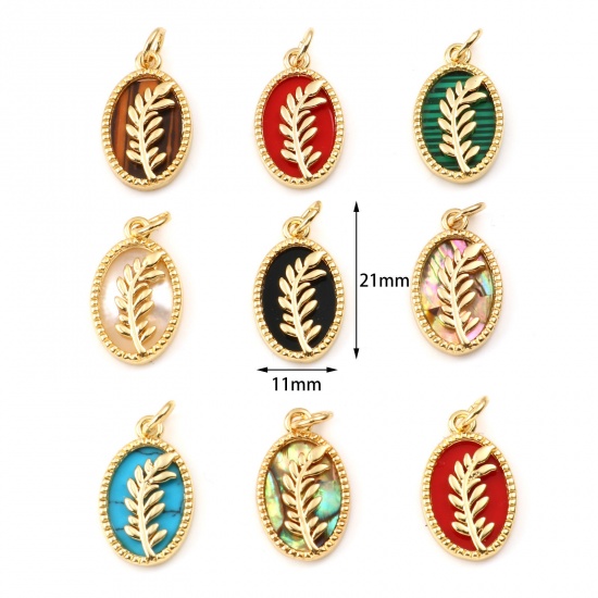 Picture of Brass Charms Gold Plated Multicolor Oval Leaf With Synthetic Gemstone Cabochons                                                                                                                                                                               