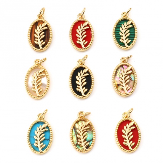 Picture of Brass Charms Gold Plated Multicolor Oval Leaf With Synthetic Gemstone Cabochons                                                                                                                                                                               