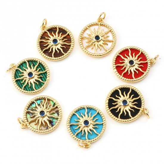 Picture of Brass Galaxy Charms Gold Plated Round Sun With Synthetic Gemstone Cabochons Dark Blue Rhinestone                                                                                                                                                              