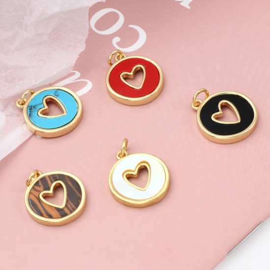 Picture of Brass Valentine's Day Charms Gold Plated Multicolor Round Heart With Synthetic Gemstone Cabochons                                                                                                                                                             