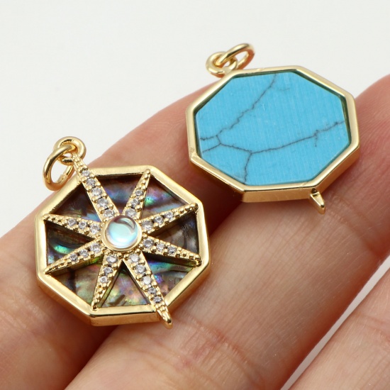 Picture of Copper Galaxy Charms Gold Plated Multicolor Octagon Star With Synthetic Gemstone Cabochons Clear Rhinestone