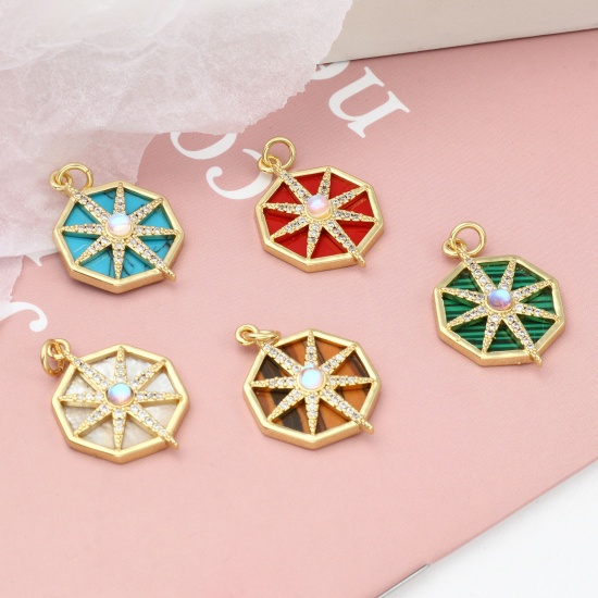 Picture of Brass Galaxy Charms Gold Plated Multicolor Octagon Star With Synthetic Gemstone Cabochons Clear Rhinestone                                                                                                                                                    