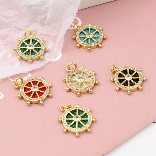 Picture of Brass Micro Pave Charms Gold Plated Multicolor Round Ship Helm With Synthetic Gemstone Cabochons Clear Rhinestone                                                                                                                                             