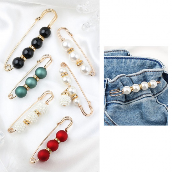 Picture of Acrylic Elegant Pin Brooches Gold Plated Multicolor Imitation Pearl Clear Rhinestone