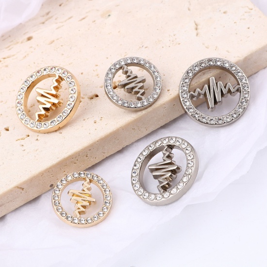 Picture of Zinc Based Alloy Medical Metal Sewing Shank Buttons Buttons Single Hole Round Multicolor Medical Heartbeat/ Electrocardiogram Carved White Rhinestone