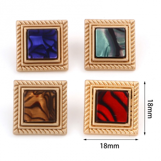 Picture of Zinc Based Alloy Metal Sewing Shank Buttons Buttons Single Hole Square Gold Plated Multicolor With Resin Cabochons 18mm x 18mm, 5 PCs