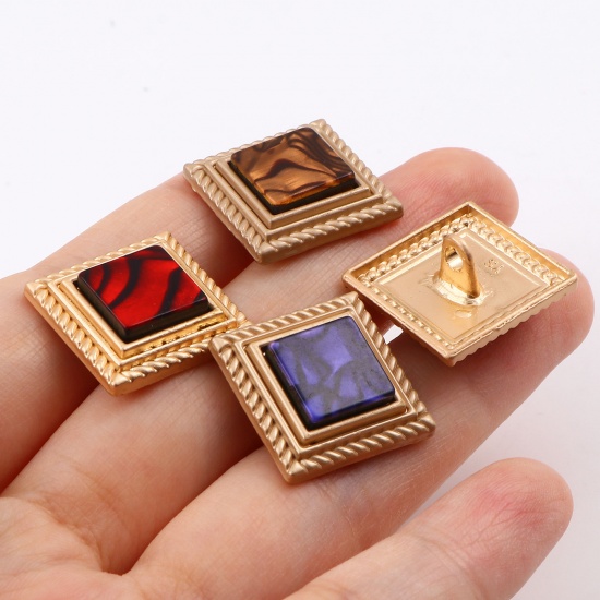Picture of Zinc Based Alloy Metal Sewing Shank Buttons Buttons Single Hole Square Gold Plated Multicolor With Resin Cabochons 18mm x 18mm, 5 PCs