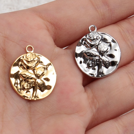 Immagine di Acciaio Inossidabile Martellato Charms Tondo Multicolore Rosa 21mm x 18mm, 1 Pz