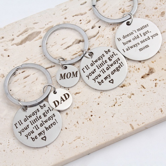 Picture of Stainless Steel Mother's Day Keychain & Keyring Multicolor Round Word Message 6.2cm x 3cm, 1 Piece